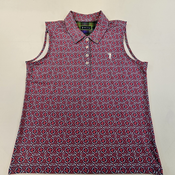 William Murray Golf Tops - WILLIAM MURRAY Sleeveless Polo Golf Top Red Blue Print Size Large Aop